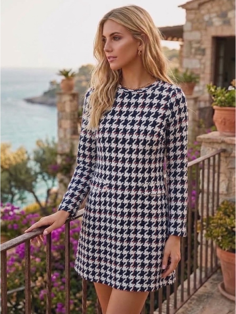 Boden 60’s Jacquard Houndstooth Sweater Shift Dress Blue Red White Size 10 Long